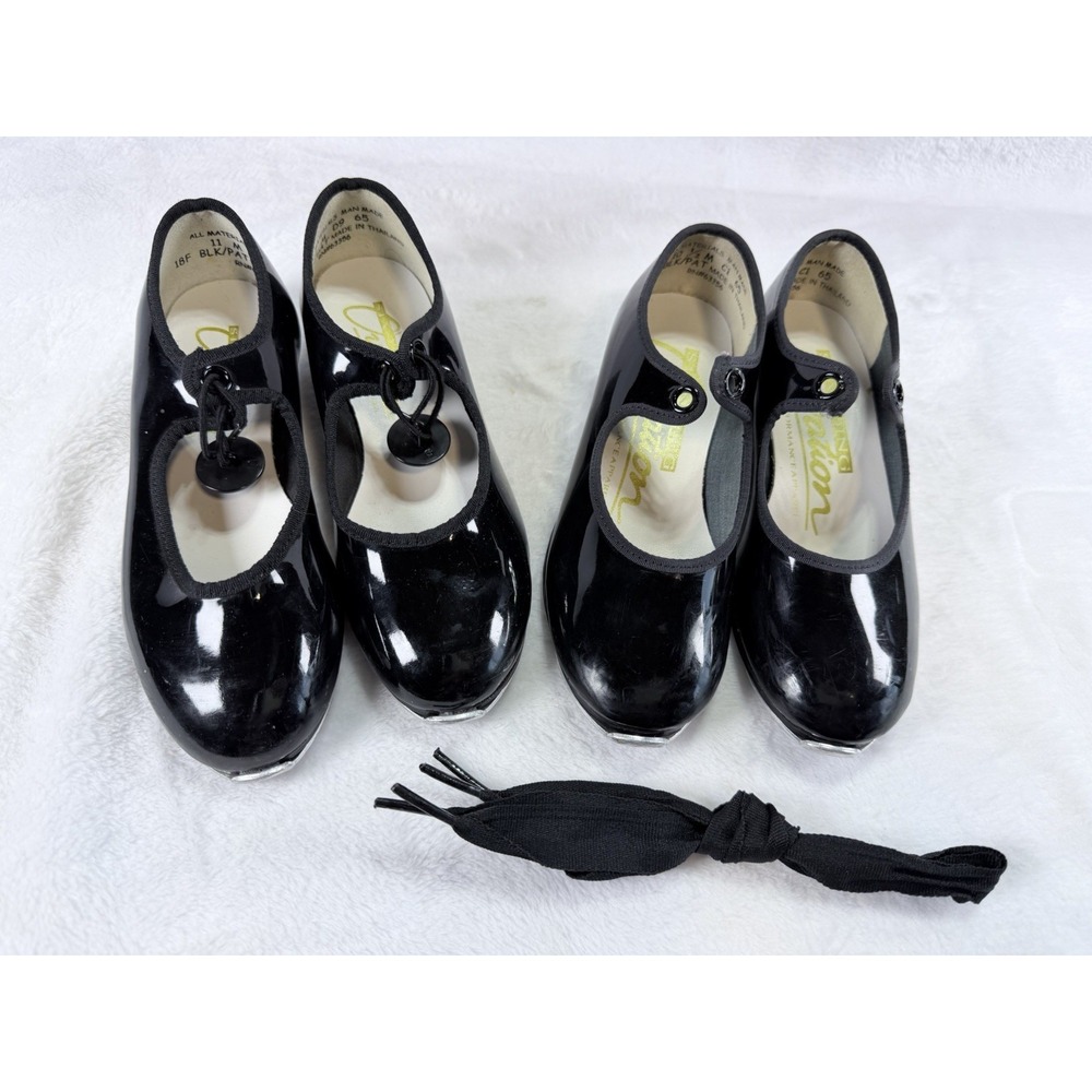 Standing Ovation Lot Of 2 Pr Girl's Black Patent Tap Shoes Size 10.5 & 11! Nice!